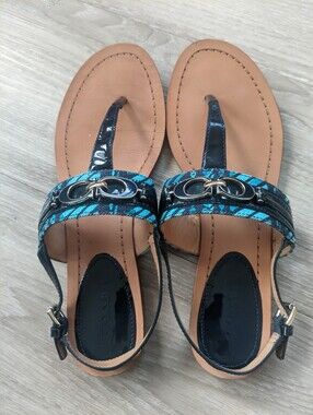 COACH Black & Blue Patterned Toe-Post Sandals